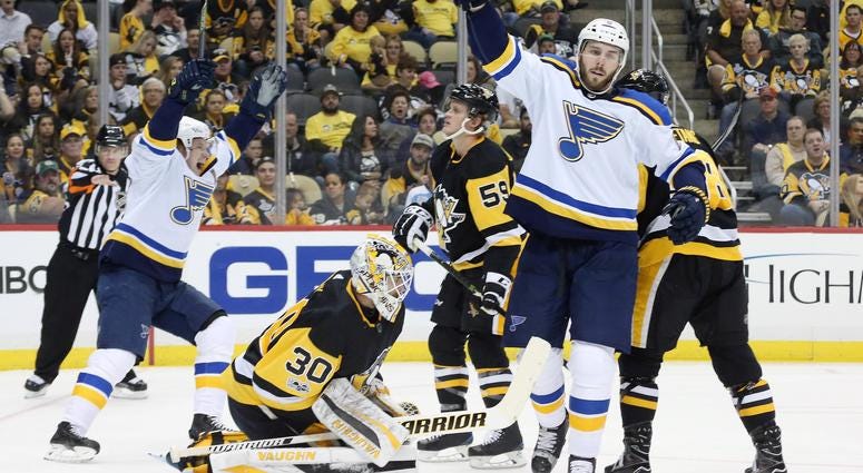 St. Louis Blues defenseman Joel Edmundson celebrates a goal St. Louis Blues defenseman Joel Edmundson celebrates a goal